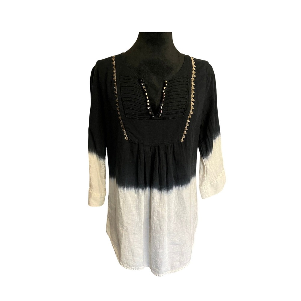 Floreat Split neck 3/4 sleeve Dip dyed tunic peasant top black and white sz 2
